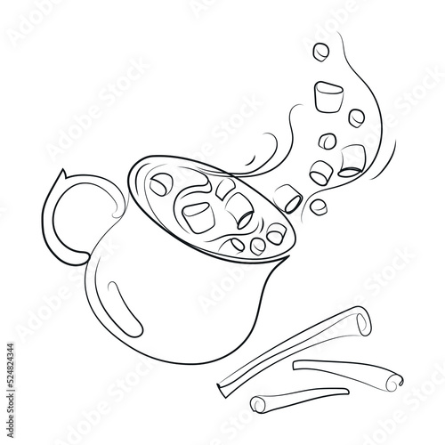 Cocoa drink with marshmallows and cinnamon sticks Line art drawing vector illustration.Hot chocolate or cocoa with flying marshmallows in a cup,black and white sketch drawing.Logo, emblem design