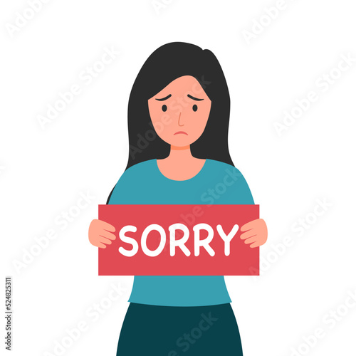 Sad woman holding a sign with word sorry in flat design on white background.
