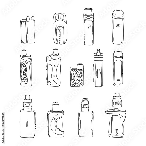Electronic cigarette, vape. Vape tools vector set. Different types of electronic cigarettes hand drawn in a linear style. For designing advertisements, brochures, banners and posters.