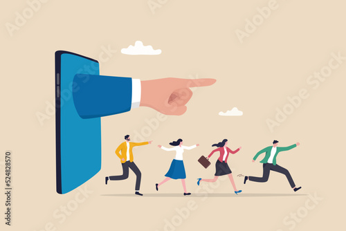 Thought leadership, influencer or key opinion leader, KOL, social marketing for advertising campaign lead or influence by expert person concept, hand pointing from mobile with people follow the way.