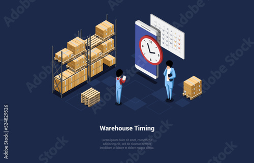 Concept Of Warehouse Timing And Global Business. Storehouse Worker Courier Keeping Records, Controls Timing Of Storage Goods On Rack In Warehouse And Delivery On Time. Isometric 3D Vector Illustration