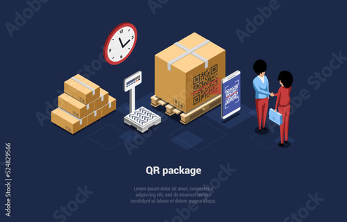 Concept Of Warehouse And Global Business. Manager or Warehouse Worker With Big Barcode Scanner is Checking Goods. Process of Scanning, Loading and Unloading Goods. Isometric 3d Vector illustration