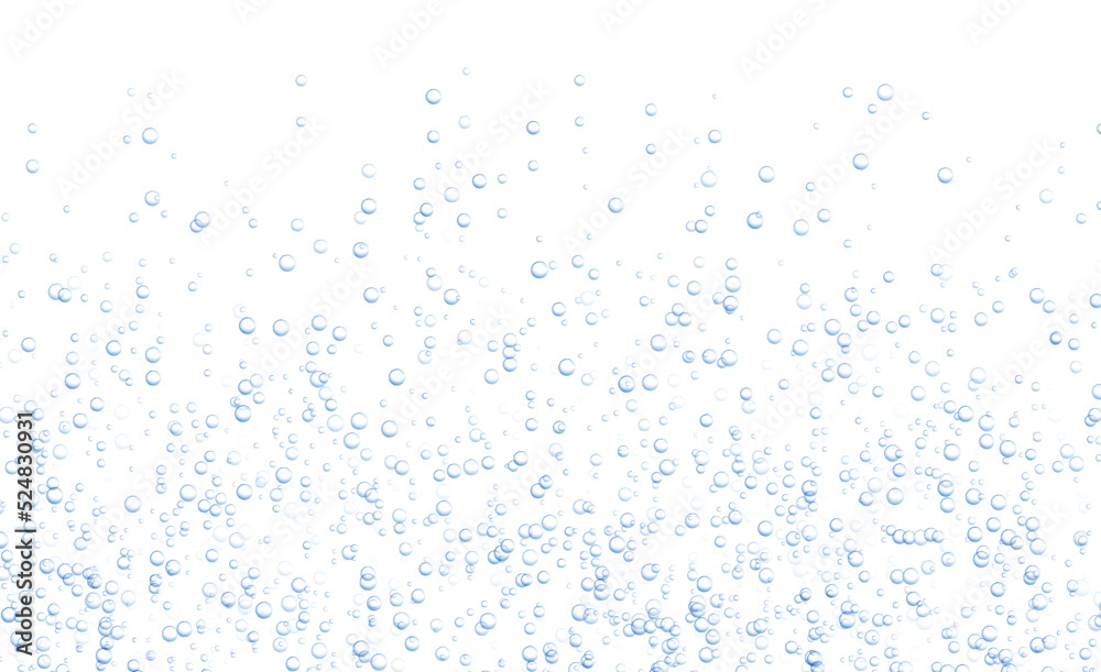 Underwater fizzing bubbles, soda or champagne carbonated drink, sparkling water isolated on white background. Effervescent drink. Aquarium, sea, ocean bubbles vector illustration.