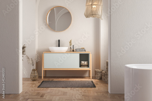 Interior of minimal bathroom with white walls, wooden floor, bathtub, dry plants, white sink standing on wooden countertop and a oval mirror hanging above it. 3d rendering