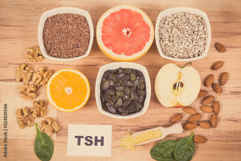 Products and ingredients as source healthy vitamins and minerals. Beneficial eating for thyroid gland Products and ingredients as source healthy vitamins and minerals. Beneficial eating for thyroid gland
