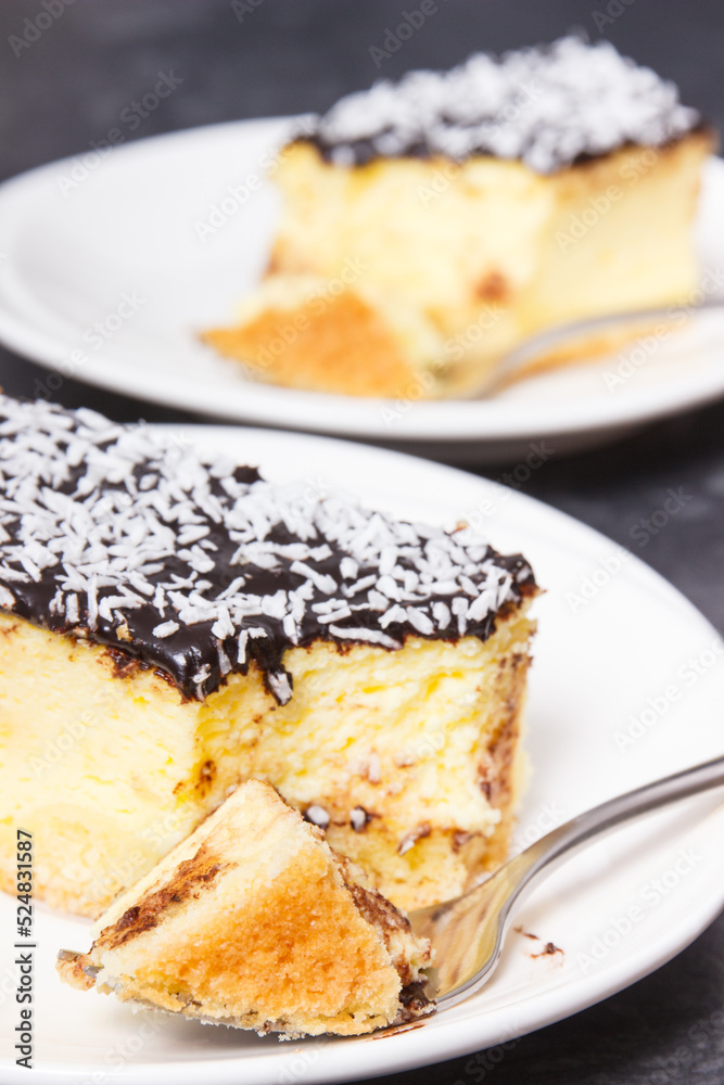 Fresh baked cheesecake on white plate. Delicious dessert Fresh baked cheesecake on white plate. Delicious dessert