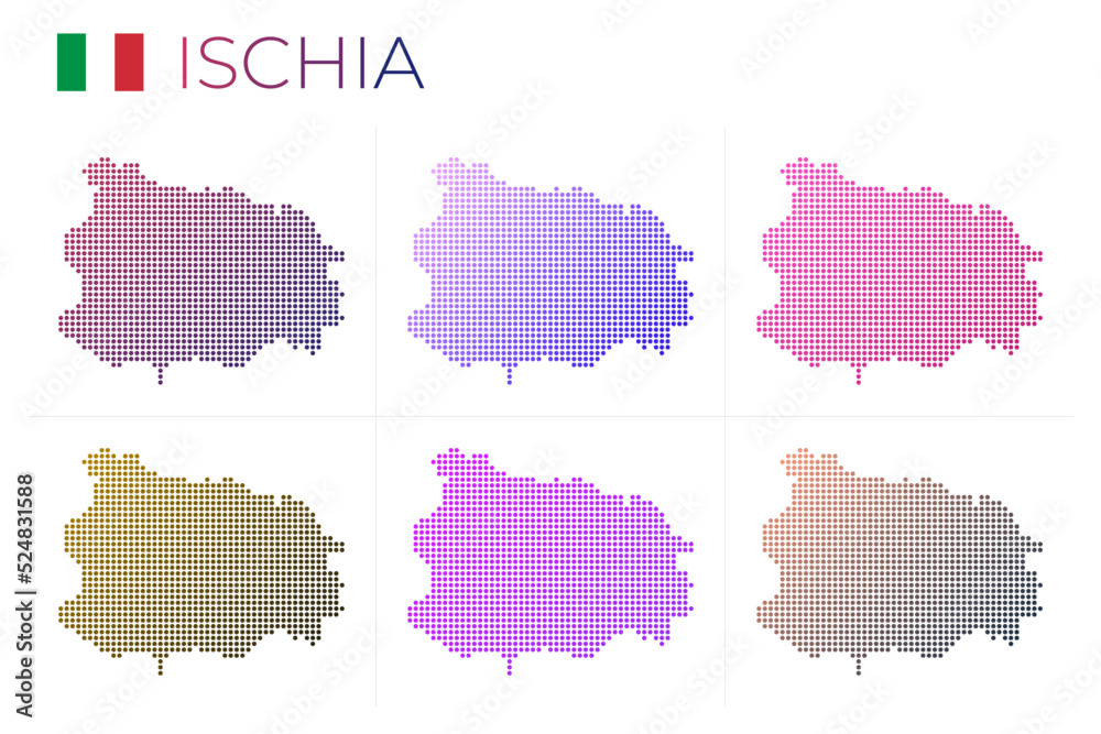 Ischia dotted map set. Map of Ischia in dotted style. Borders of the island filled with beautiful smooth gradient circles. Classy vector illustration.