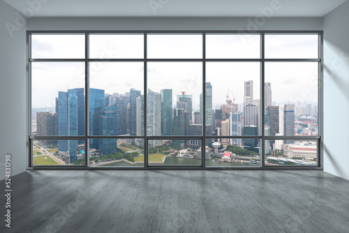 Empty room Interior Skyscrapers View. Downtown Singapore City Skyline Buildings from High Rise Window. Beautiful Expensive Real Estate overlooking. Day time. 3d rendering.