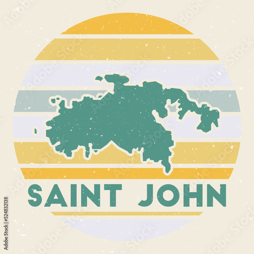 Saint John logo. Sign with the map of the island and colored stripes, vector illustration. Can be used as insignia, logotype, label, sticker or badge of Saint John.