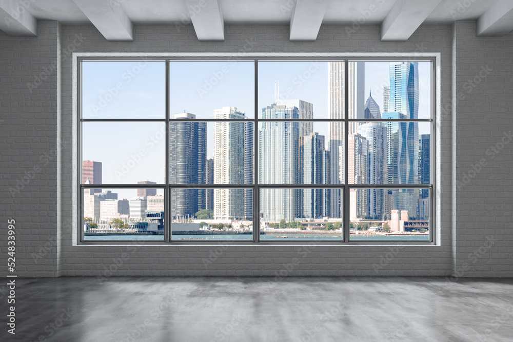 Fototapeta premium Downtown Chicago City Skyline Buildings from Window. Beautiful Expensive Real Estate. Epmty office room Interior Skyscrapers, View Lake Michigan waterfront, harbor. Cityscape. Day time. 3d rendering.