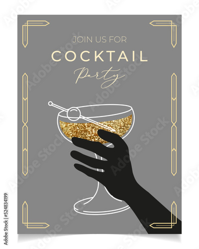 Outline illustration of woman's hand holding cocktail glass, vector. Invitation for party template. Line art margarita cocktail. Art deco concept design. Event, party, presentation, promotion, menu.