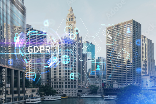 Panorama cityscape of Chicago downtown and Riverwalk, boardwalk with bridges at day time, Illinois, USA. GDPR hologram, concept of data protection regulation and privacy for individuals