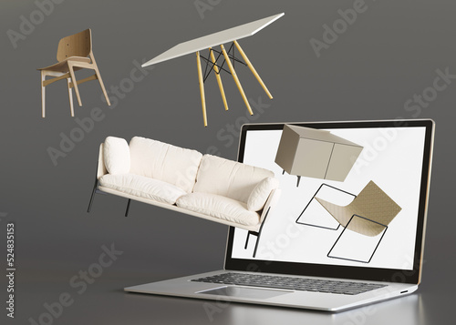 Laptop with flying furniture. Shopping online. Furniture shop, interior details. Furnishings sale or interior project concept. Buy sofa, table, chair, commode via internet. E-commerce. 3d rendering.