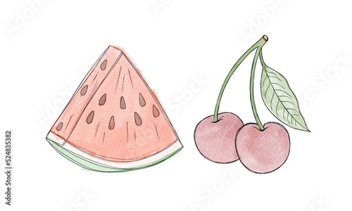 set of berries and fruits watercolor: a piece of juicy watermelon, ripe cherries