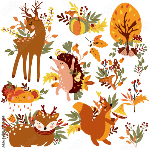 Autumn set,cute wodland animals and elements autumn, cute squirrel,a dancing hedgehog, funny cloud, colored trees, autumn leaves, mushrooms.Perfect for web, harvest festival, banner, and Thanksgiving