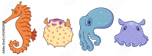 Set of cute sea animals vector illustrations in cartoon style isolated on white background