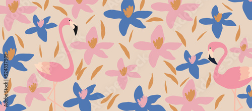 Abstract art nature background vector. Cute garden flowers, leaves and flamingos soft pastel pattern. Botanical design for banner, wall arts, cards, prints and fabrics
