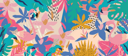  Abstract art nature background vector. Cute garden flowers, exotic leaves and flamingos colorful pattern. Botanical design for banner, wall arts, cards, prints and fabrics
