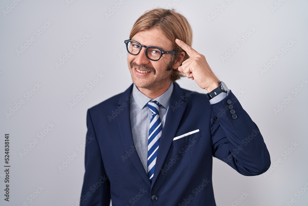 Caucasian man with mustache wearing business clothes smiling pointing to head with one finger, great idea or thought, good memory Caucasian man with mustache wearing business clothes smiling pointing to head with one finger, great idea or thought, good memory