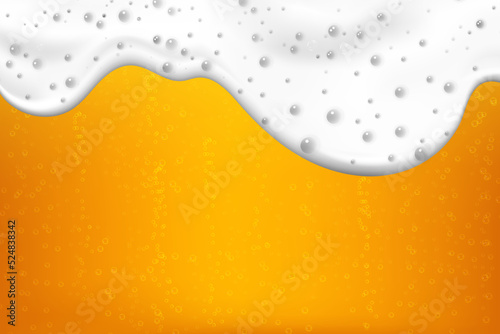 Realistic white cold beer foam with bubbles, flowing down a glass goblet.Stream of soap solution.Background for design oktoberfest flyers, restaurants, bar.