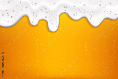 Realistic white cold beer foam with bubbles, flowing down a glass goblet.Stream of soap solution.Background for design oktoberfest flyers, restaurants, bar.