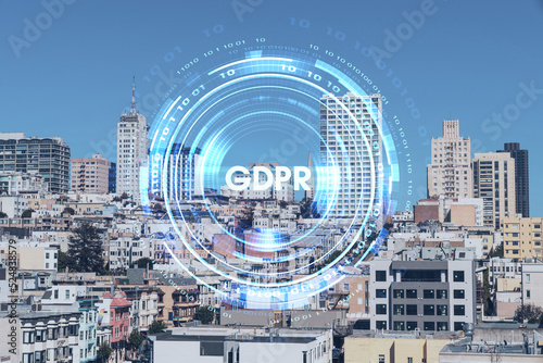 Panoramic cityscape view of San Francisco financial downtown at day time from rooftop, California, United States. GDPR hologram, concept of data protection regulation and privacy for all individuals