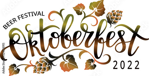 Oktoberfest colorful lettering with hop leaves and hop cones. Beer festival decoration banner.