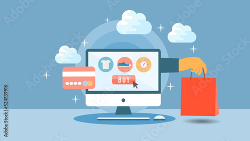 Shopping Online on Website Vector Concept Marketing and Digital marketing.Online shopping store on the website, credit cards, and shop elements.Vector illustration.