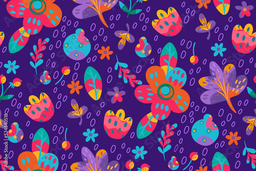 Colorful seamless pattern with abstract  whimsical flowers. Сan be used for fabric printing, phone cases, personal design, wrapping paper, create your own unique design.