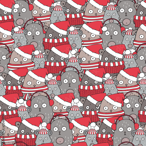 New year seamless pattern with cute big eyed animals in winter clothes. Funny bear, cat, dog, mouse. Hand drawn Christmas doodle illustration. For print, textile, gift wrapping, cards, baby products.