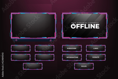 Live broadcast gaming overlay decoration with abstract shapes. Girly live streaming overlay design with buttons and screen panels. Live streaming overlay design with pink and dark colors.