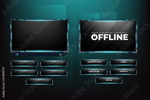 Live broadcasting screen panel design vector with abstract shapes. Online gaming overlay and screen interface decoration with shiny blue color. Live streaming overlay design for gamers.