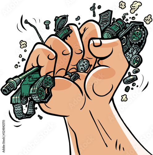 Pacifism. Protest against the war. Fist squeezes military equipment. Rage against Militarism
