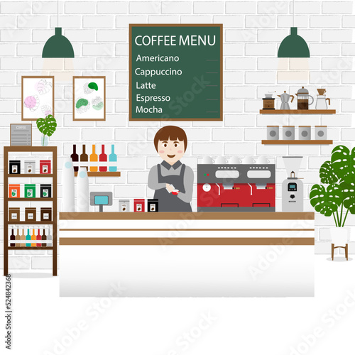 People in cozy cafe, coffee shop interior, customers and waitress, vector illustration. Stylish coffee house with cozy atmosphere. Smiling friends meeting in cafe and talking over a cup of tea