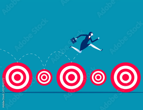 Businesswoman keeps leaping forward on big and small targets. Business goal vector illustration photo