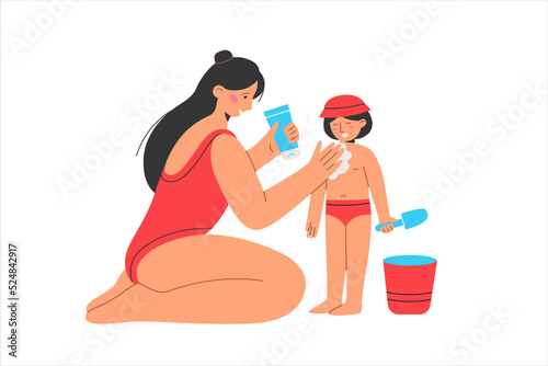 Mother put sunscreen to the baby skin