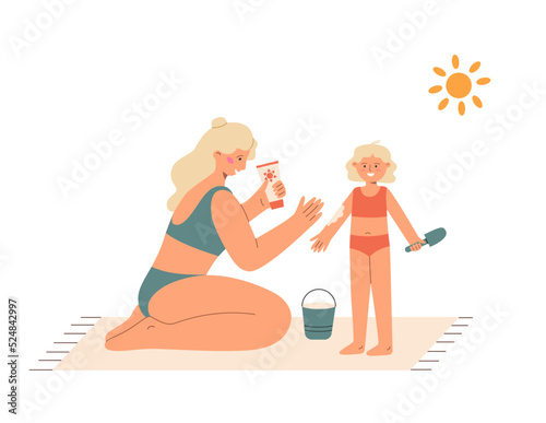 Mother put sunscreen to the baby skin