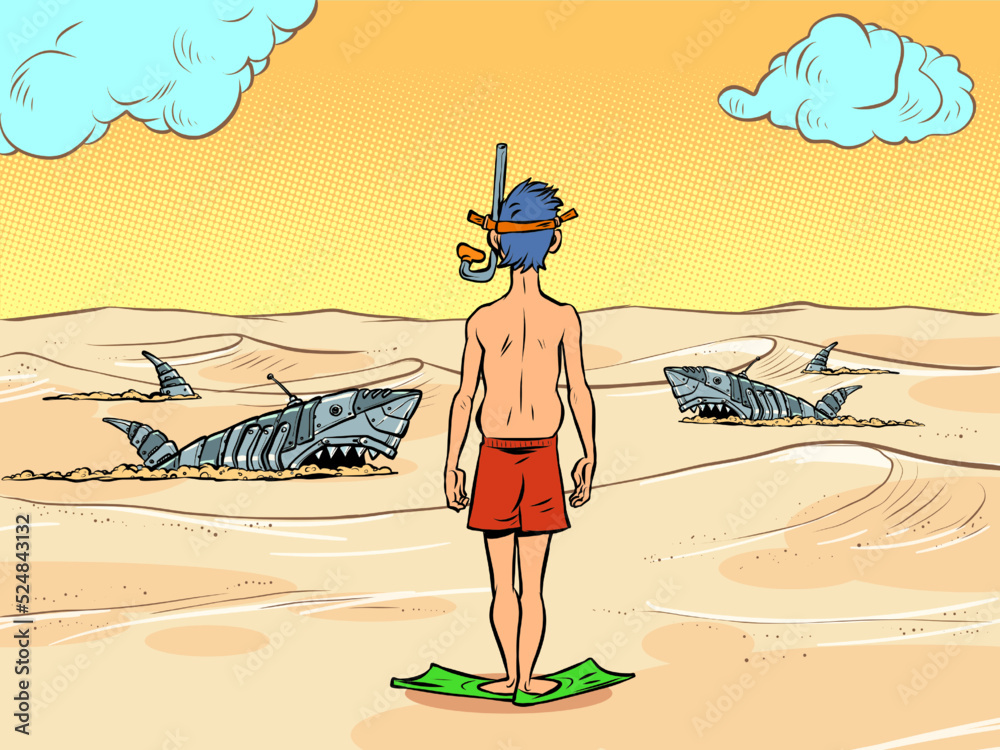 A tourist on the shore of a deserted sandy sea. Mechanical dangerous sharks swim in the sand