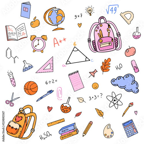 Vector hand drawn images of school stuff in doodle style. Collection of different colored school things. Education concept.