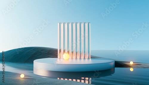 Fototapeta Naklejka Na Ścianę i Meble -  3d render round platform on water with glass wall panels. Minimal landscape mockup for product showcase banner in blue colors. Modern promotion mock up. Geometric background with empty space.