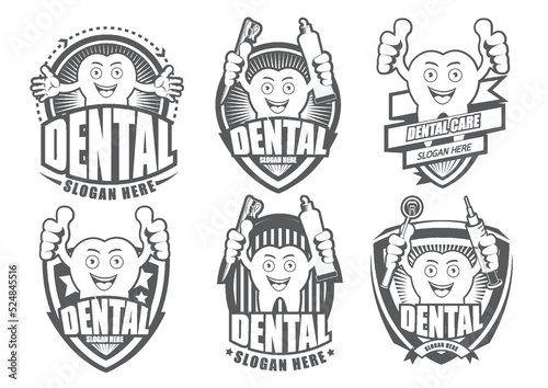 Black and white Cartoon Smiling tooth symbol set.It's Happy smile concept.