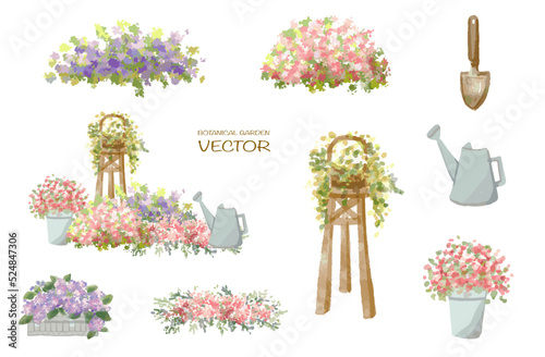 Vector watercolor blooming flower tree side view isolated on white background for landscape and architecture drawing, elements for environment or and vintage gardening ,botanical elements for section 