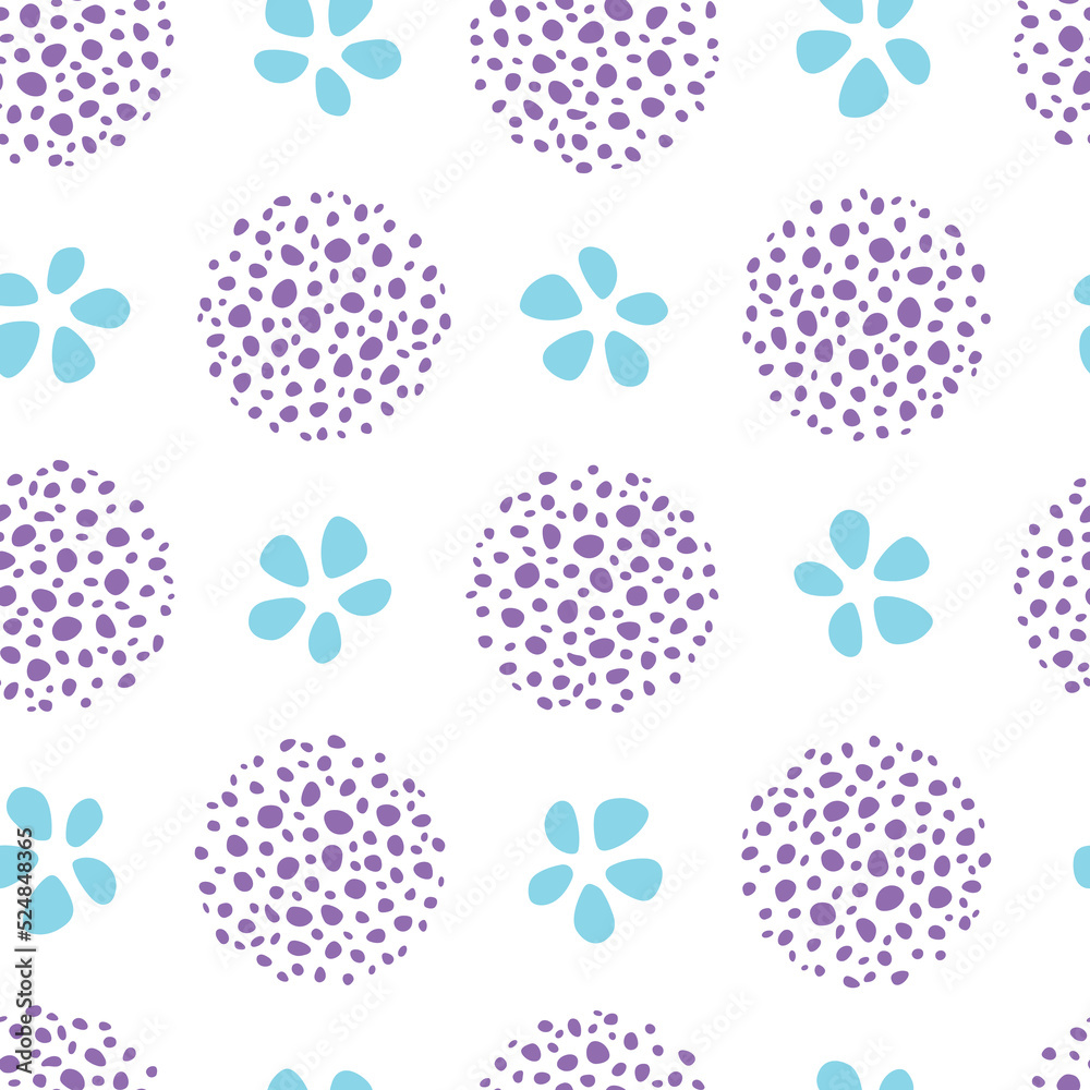 Seamless pattern with circle textures and symboloc flowers. Hand drawn vector elements. Simple background with pastel geometric shapes for fabric and design.