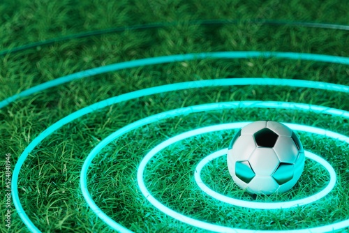 football 3d object in the abstract background, arena concept design, copy space, 3d illustration, glow neon light text frame, 3d rendering element, soccer game sport, sports equipment, realistic ball