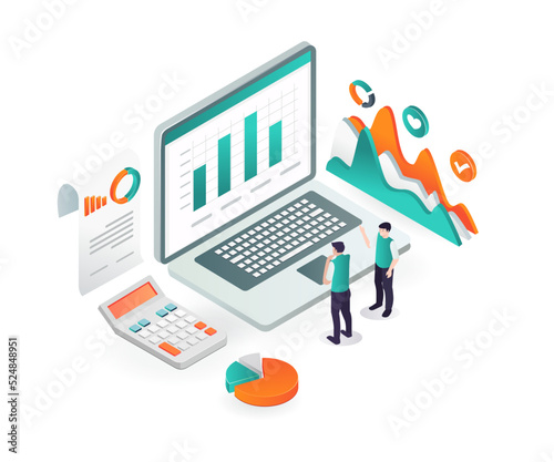 Isometric design concept data analysis of business development and earnings
