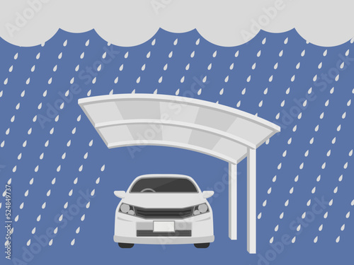 雨の日に、カーポートに駐車している、自動車のイラスト