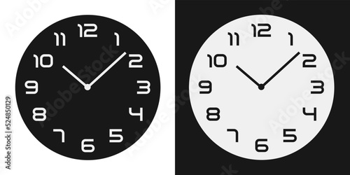 Set of wall clock faces with numbers and hands. Black and white background, vector