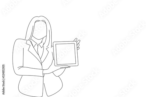 Drawing of casual smiling woman showing blank tablet computer screen looking at camera. Line art style