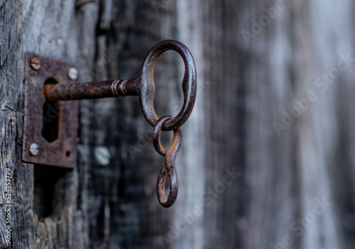 Rusty metal lock on wooden door