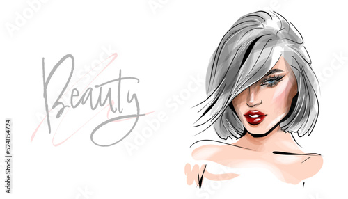 Beautiful woman face makeup vector fashion illustration. Hand drawn line art sketch for cosmetic products sale banner background design, make up artist business card template.